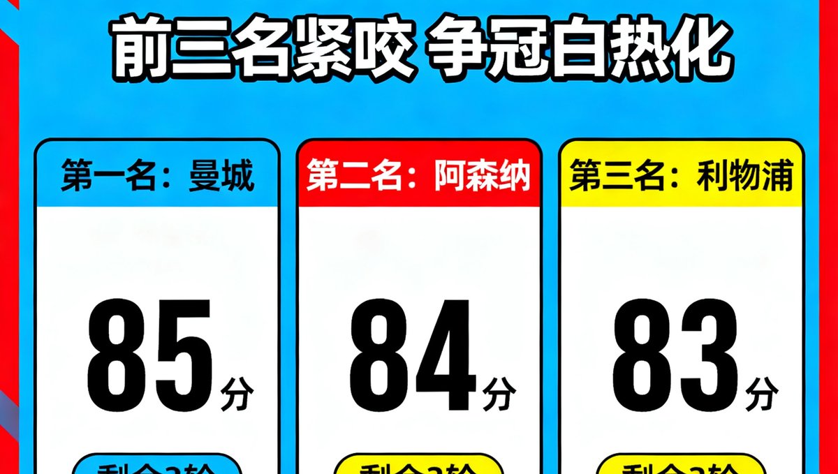 英超最新积分榜前三名紧咬，曼城阿森纳利物浦争冠白热化